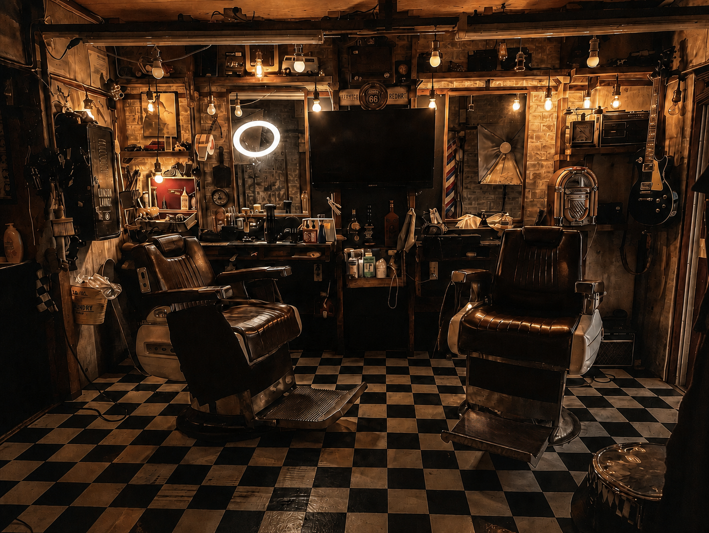 Interior da Kaizen Barber Shop Japan em Anjo, Aichi, com madeira escura e luz quente